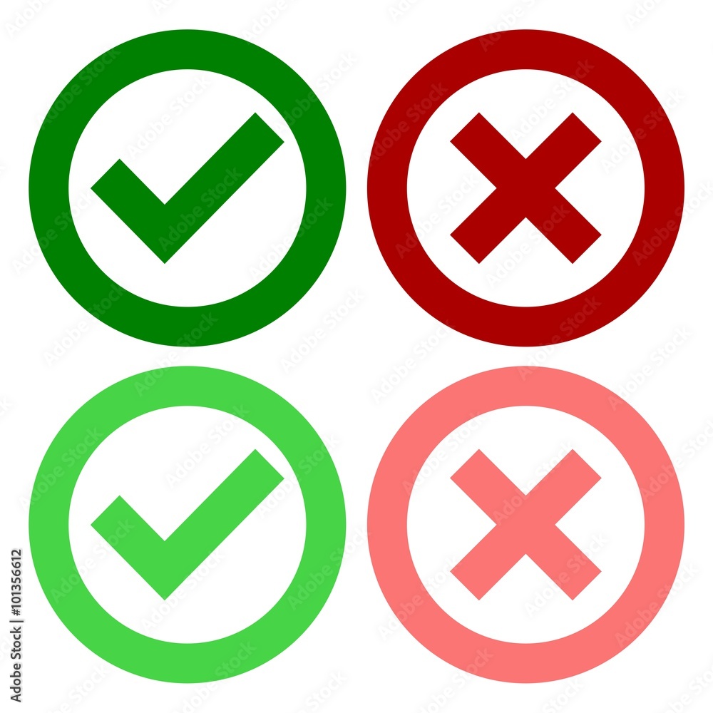A set of four web buttons, green check mark and red cross in two variants A set of four web buttons, green check mark and red cross in two variants
