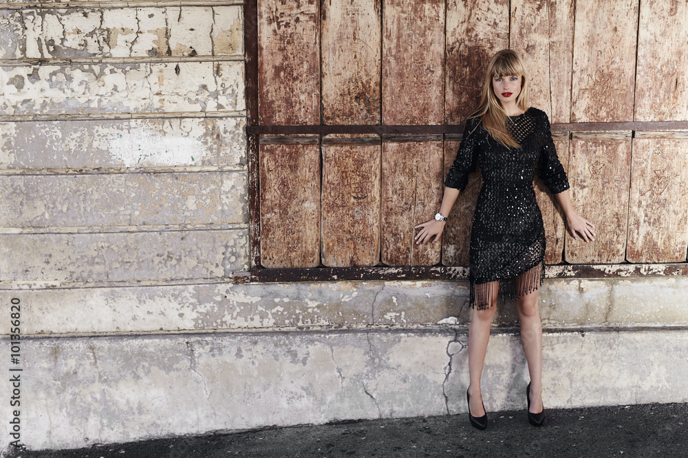 Stunning young model in black dress, portrait