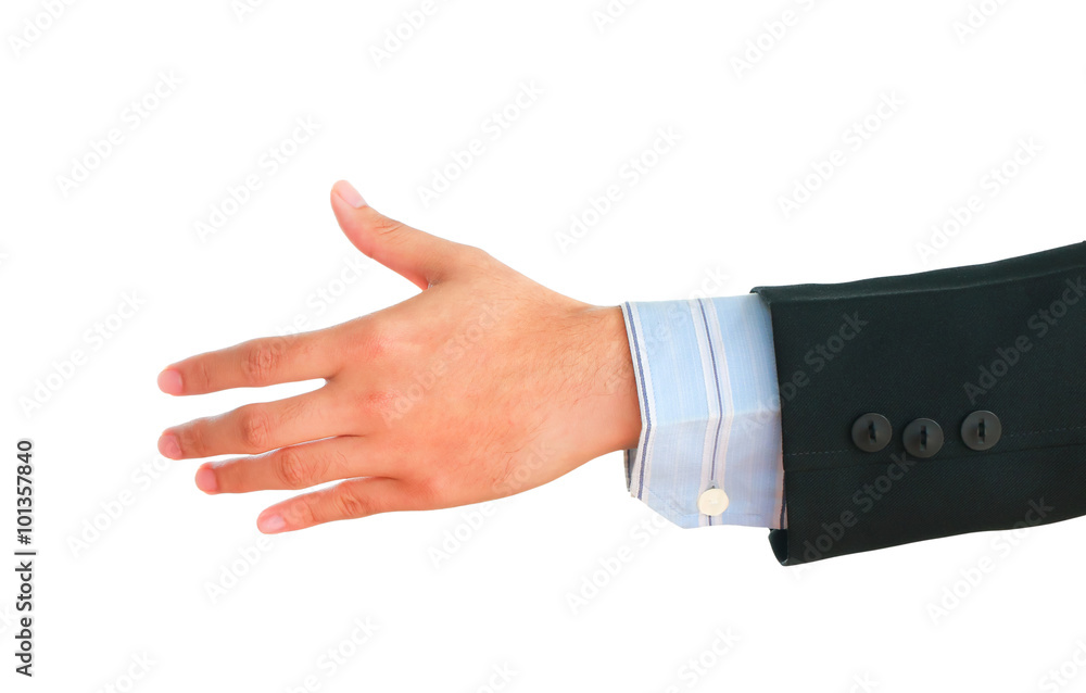 Business man hand with suit on gray background.