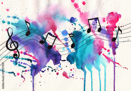 Watercolor notes. Music symbols on  abstract watercolor textured background