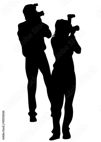 Man and women with camera on white background