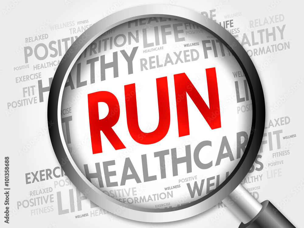 RUN word cloud with magnifying glass, health concept RUN word cloud with magnifying glass, health concept