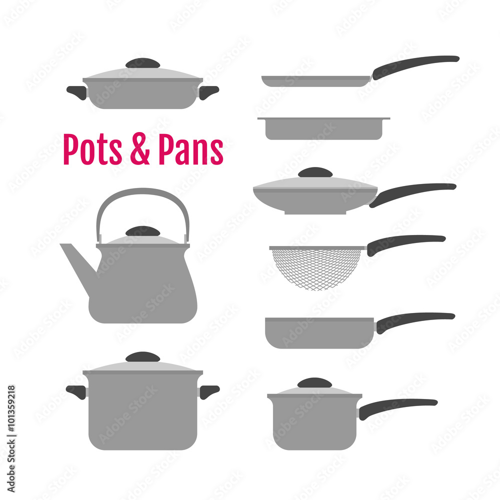 Flat utensil illustrations set. Pots, pans, kettle Flat utensil illustrations set. Pots, pans, kettle