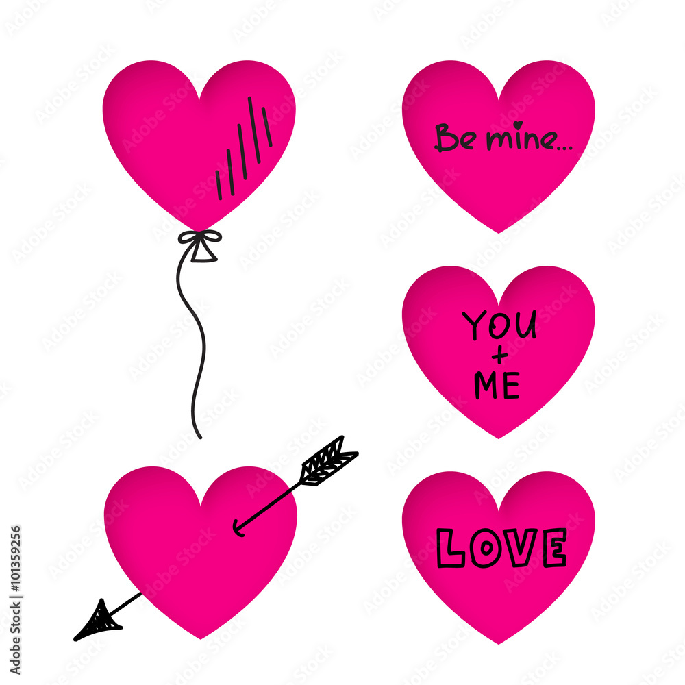 Valentine's Day heart stickers with doodle titles
