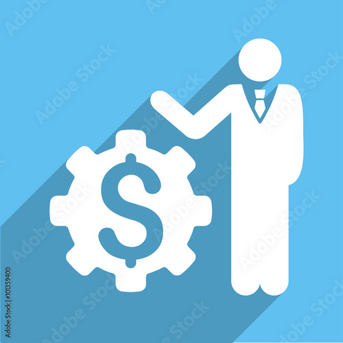 Businessman Options vector icon. Style is a flat white symbol with long shadow on a light blue square.