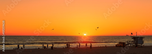 Beach at orange sunset, Manhattan Beach, Los Angeles, California