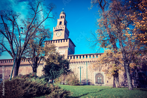 Milan city bridge monuments and places Sforza Castle - vintage style photo photo