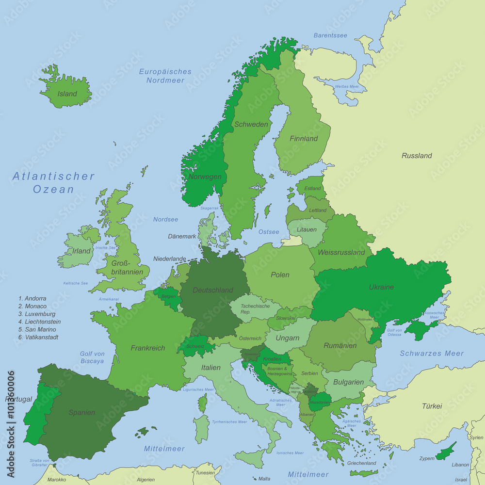 Kontinent Europa in Grün (beschriftet) - Vektor