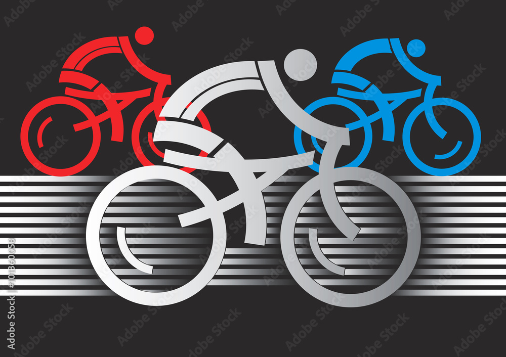 Obraz premium Abstract cyclist racers. Three racing cyclists. Colorful stylized illustration on the black background. Vector available.