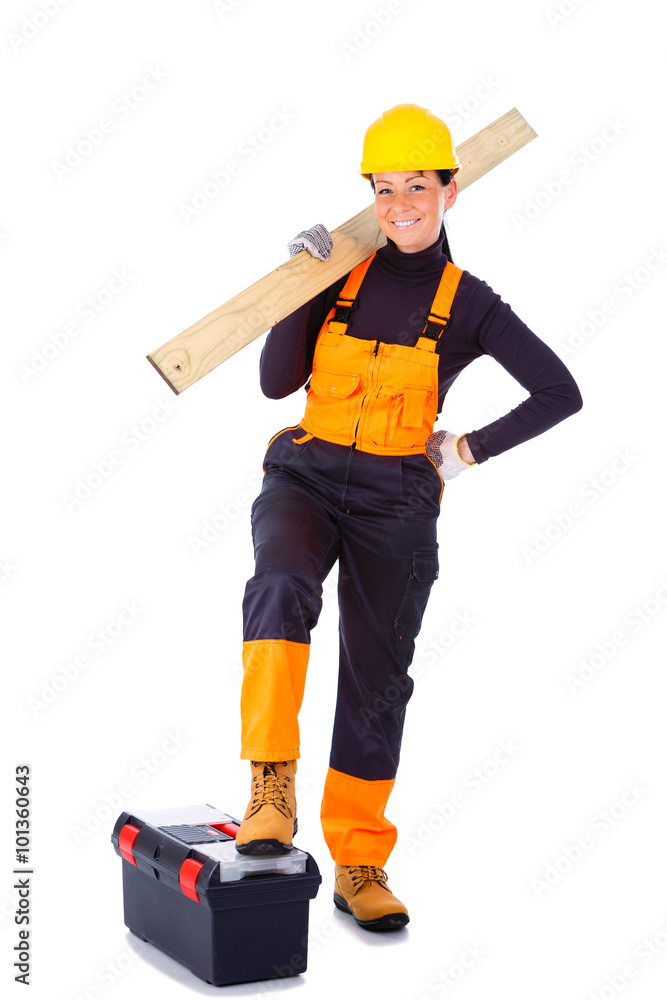 Smiling of service woman worker put wooden plank on the shoulder Smiling of service woman worker put wooden plank on the shoulder