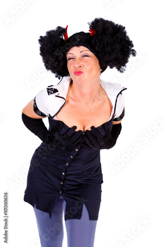 Woman dressed in Halloween costum carnaval, show emotions on white isolated background