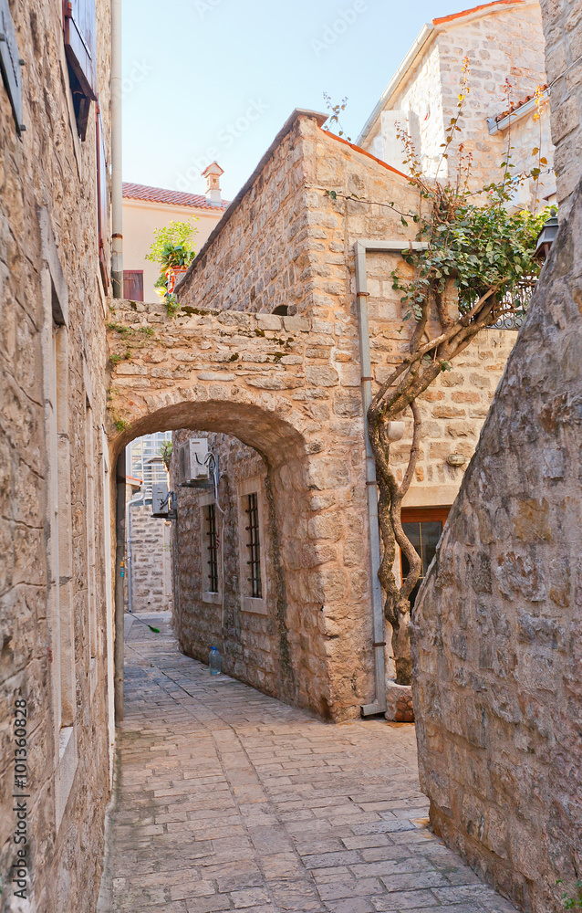 Narrow streets of Old Town of Budva, Montenegro