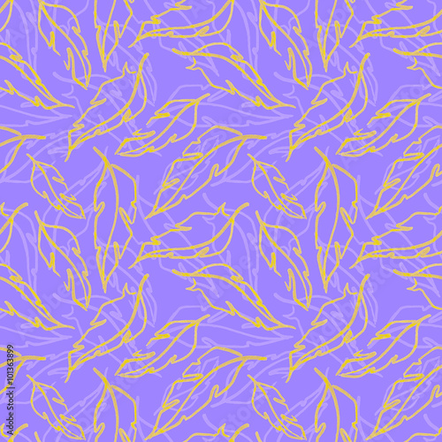 Golden yellow violet feather leaf symbol seamless pattern texture background