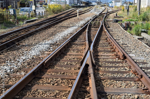 鉄道の分岐ポイント／鉄道線路で、分岐ポイントを撮影した写真です。