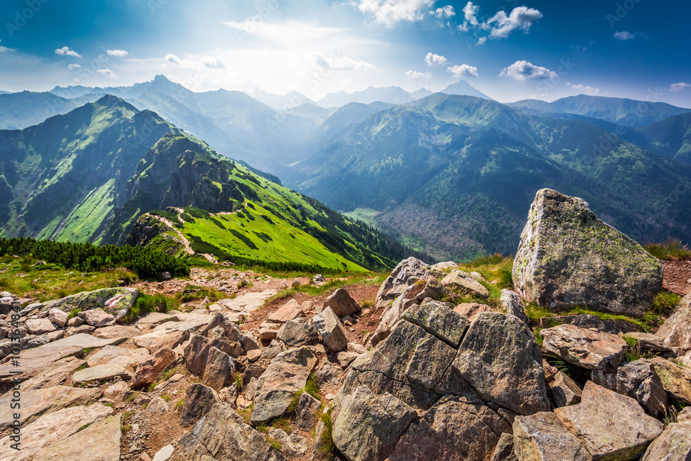 Trail in the Tatras Mountains at sunny day - obrazy, fototapety, plakaty 