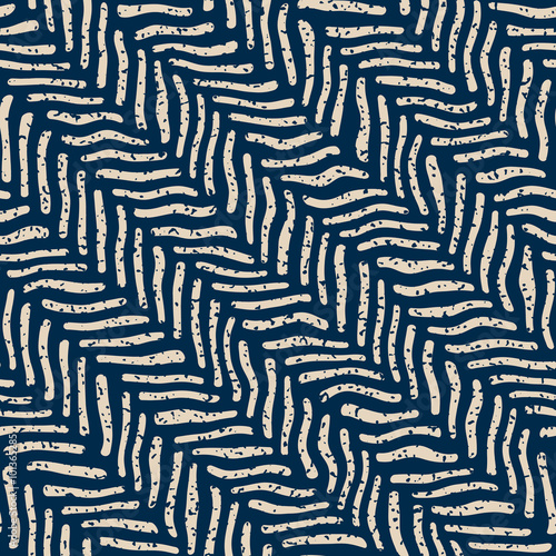 Vector Seamless Navy White Color Hand Drawn Distorted Lines Grunge Retro Pattern