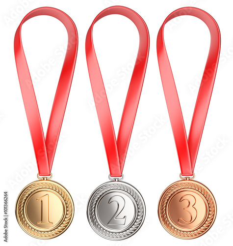 Three winning places concept. Medals with Ribbon photo