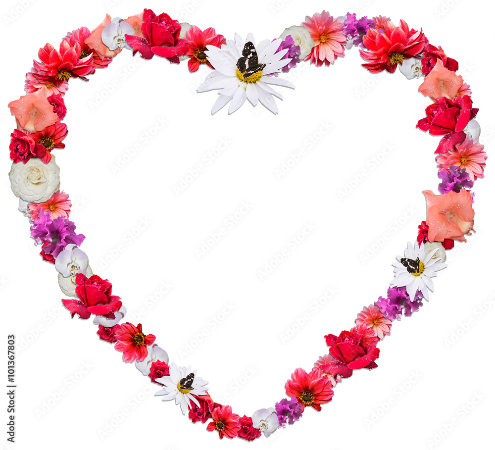 Beautiful heart made of different flowers on white background