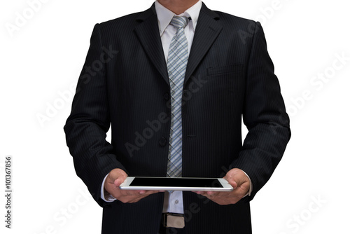business man holding smart phone in hand isolated on white backg