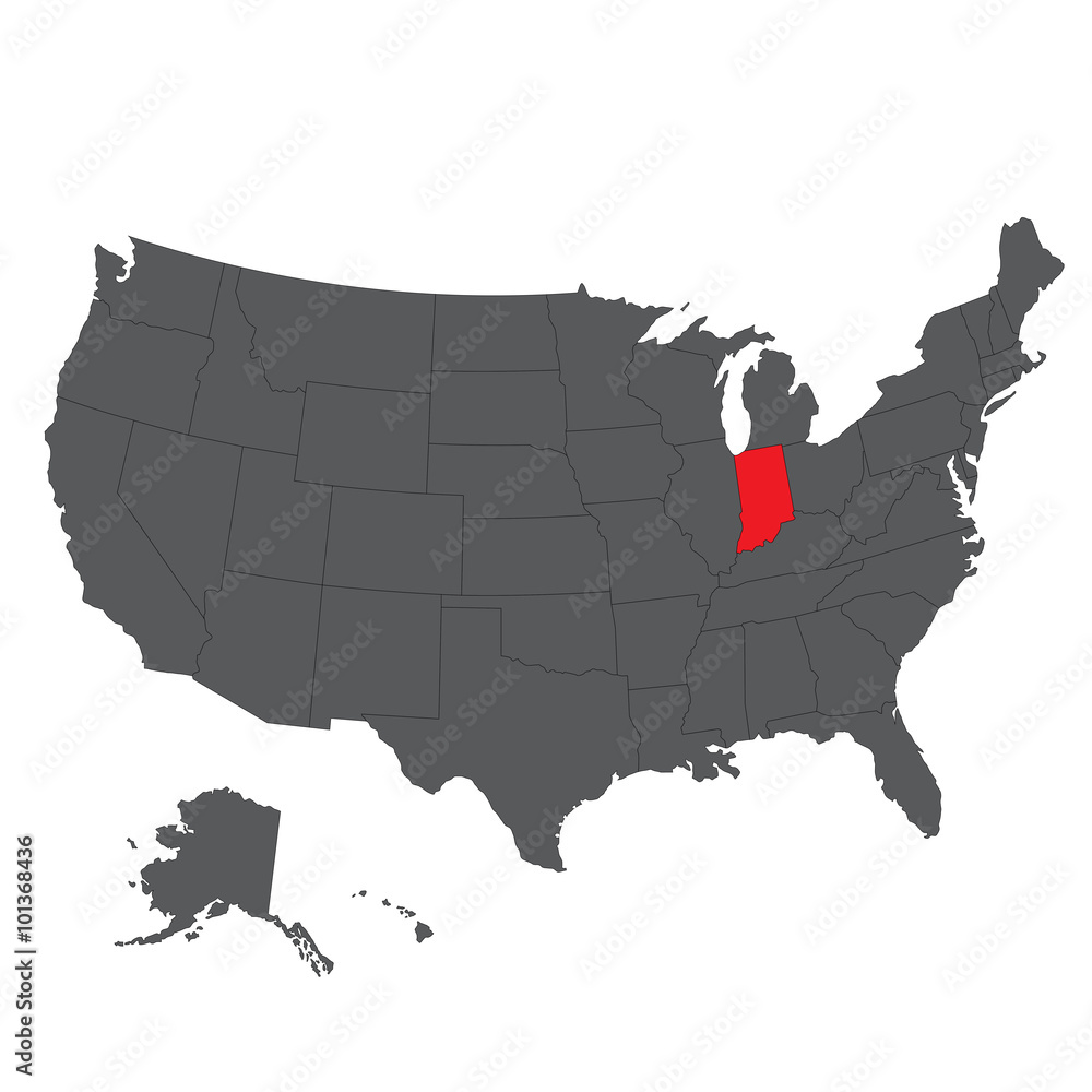 Indiana red map on gray USA map vector