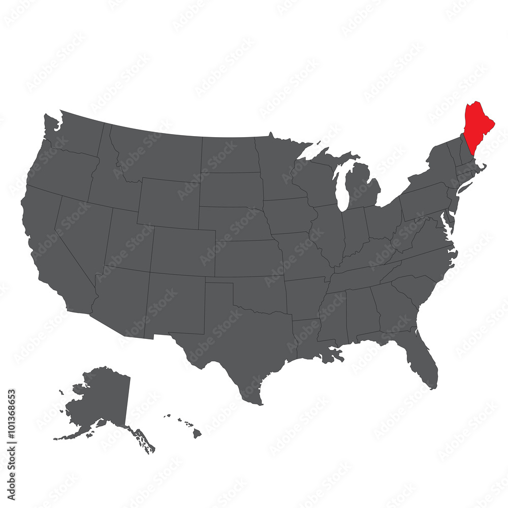 Maine red map on gray USA map vector