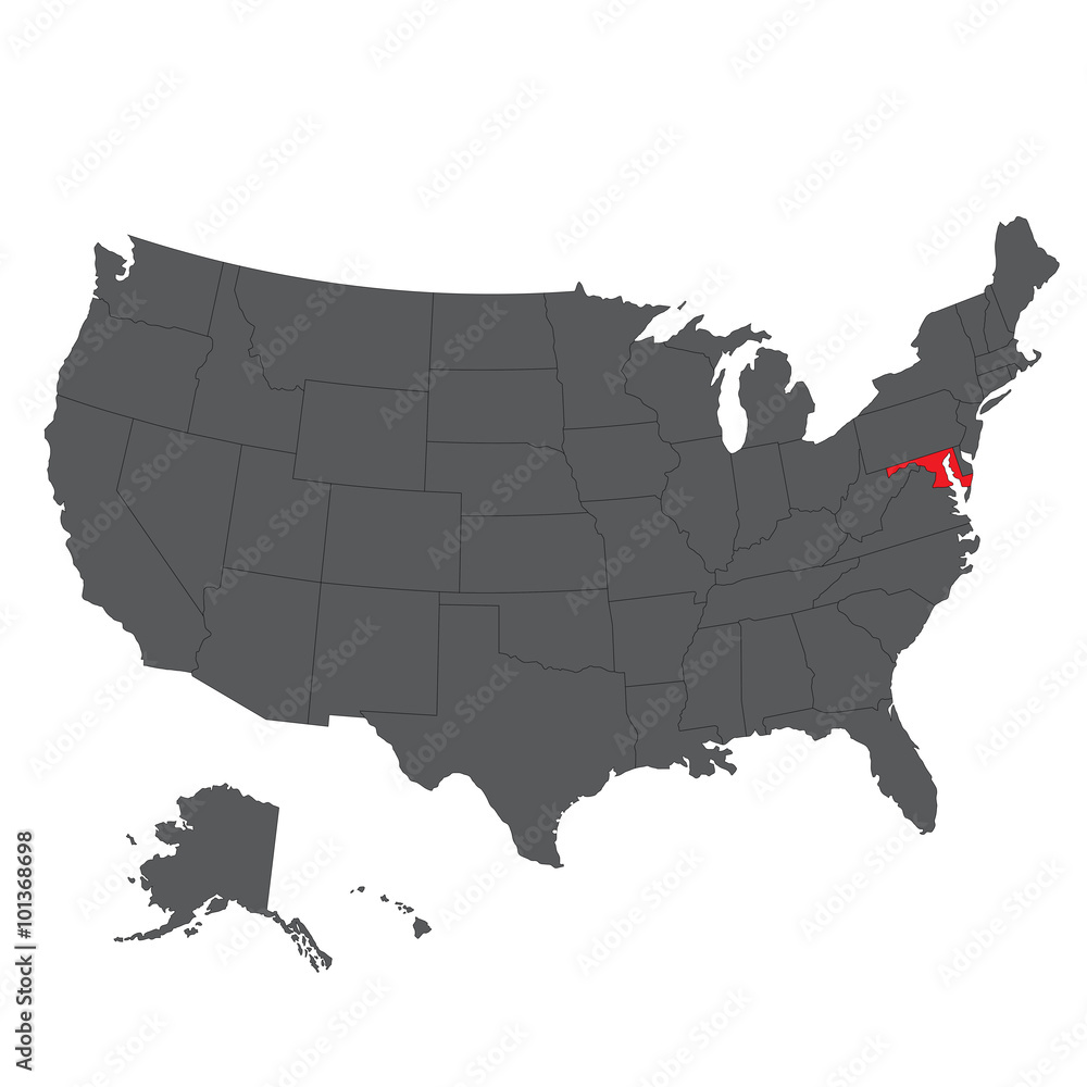 Maryland red map on gray USA map vector