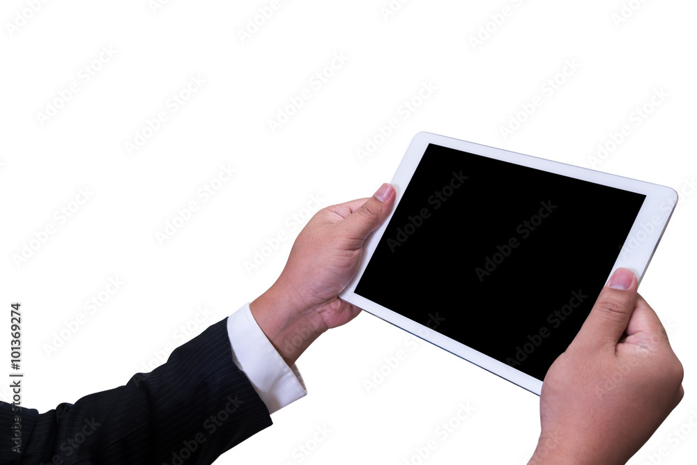 businessman holding tablet in hand isolated on white background businessman holding tablet in hand isolated on white background