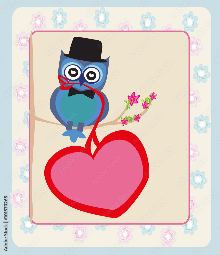Cute owl sitting on the tree branch. Valentine's day postcard