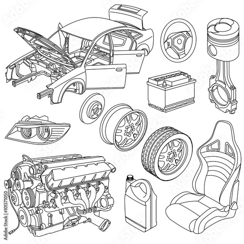 Car parts line drawing icons isometric