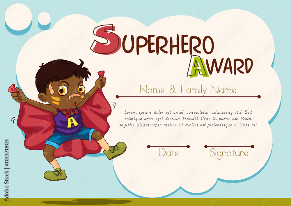 Certificate with boy being superhero background Certificate with boy being superhero background