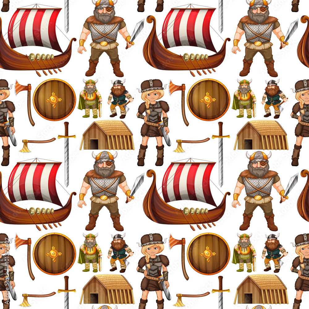 Fotografie Seamless viking people and ship