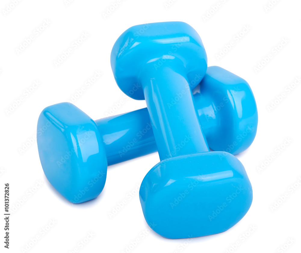 Blue dumbbell weights isolated on white Blue dumbbell weights isolated on white