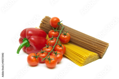 tomatoes, peppers and pasta isolated on white background