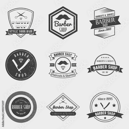 Barber shop logo vector set in vintage style. Design elements, labels, badges and emblems