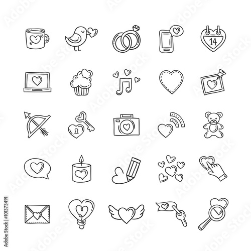 Hand drawn wedding icons and vector love doodles. Saint Valentine symbols