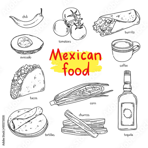 Mexican food. National dishes of Mexico: coffee, vegetables, tequila, churros and other mexican eating. Vector food for mexican menu