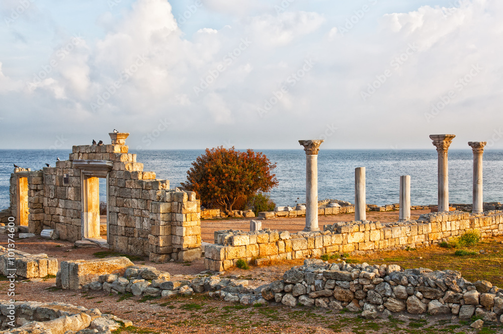 Ruins of ancient Greek town Chersonese in Crimea on Black sea.