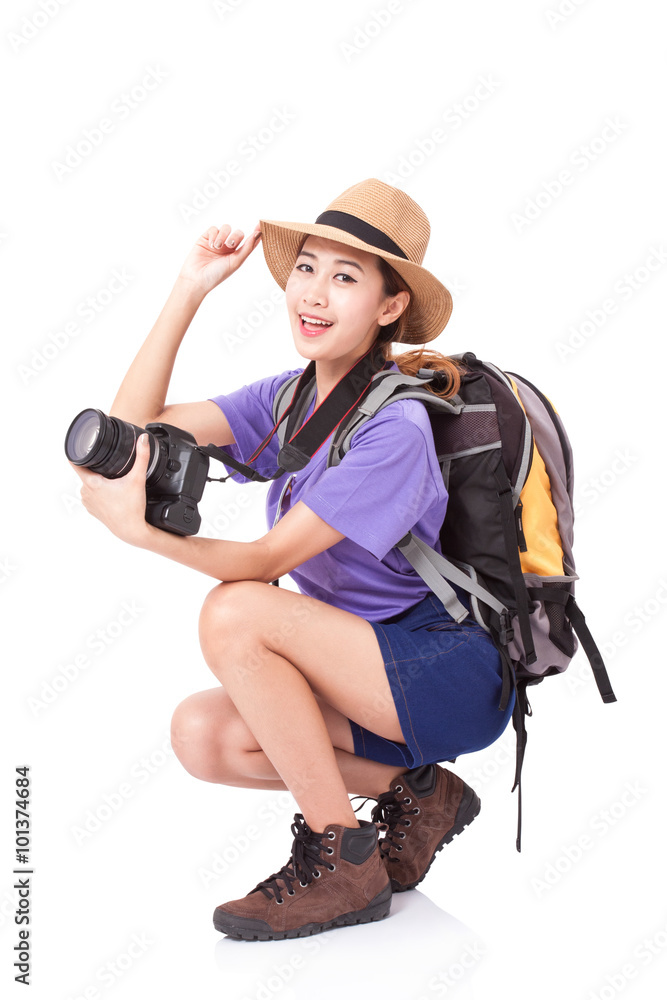 Woman traveler with a camera on white background Woman traveler with a camera on white background