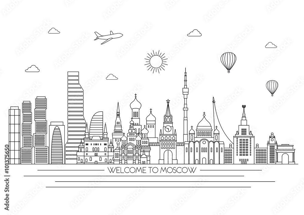 Moscow detailed skyline. Travel and tourism background. Vector line illustration. Line art style.