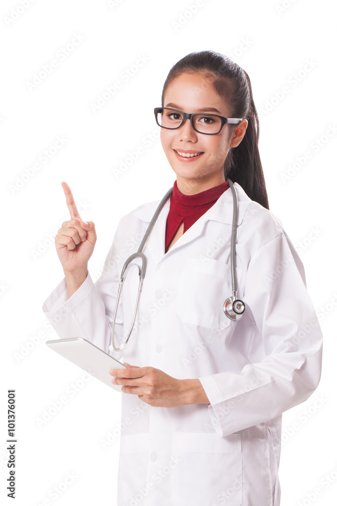 female doctor using a digital tablet with pointing up finger. female doctor using a digital tablet with pointing up finger.