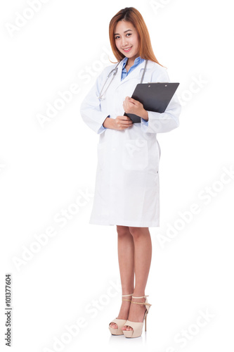 full length of female doctor holding file.