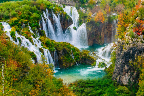Detailed view of the beautiful waterfalls in the sunshine in Plitvice National Park, Croatia photo