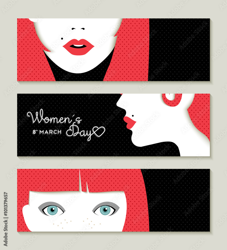 Fotografie Happy Women's Day banner set with retro girl face