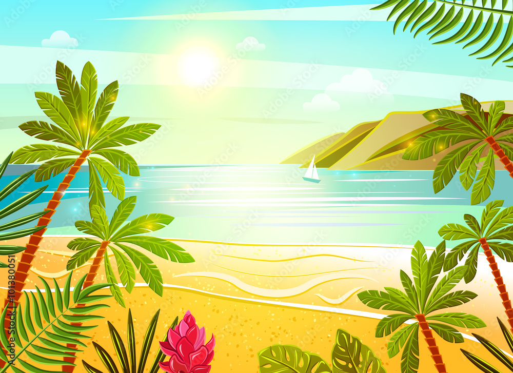 Tropical sea beach flat poster print