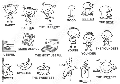Degrees of comparison of adjectives in pictures, black and white