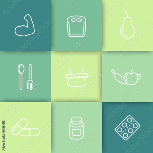 Diet, nutrition, fat loss line icons on squares, vector illustration