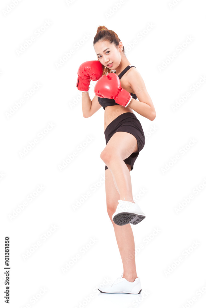 Boxer - Full length fitness woman boxing wearing boxing red gloves on white background.