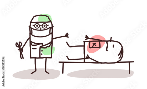 cartoon surgeon with patient on a table