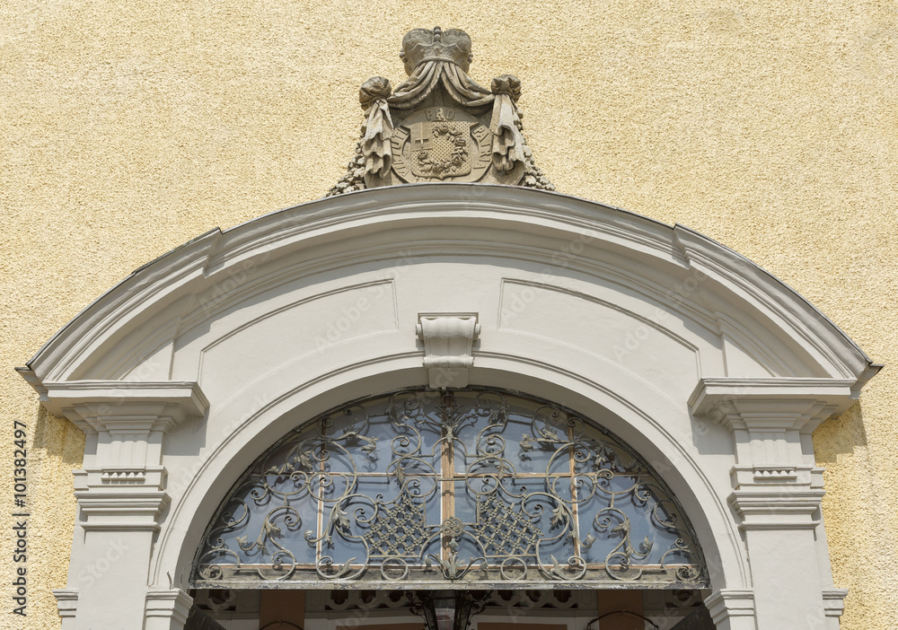 Entrance to St. Michael Basilica at Mondsee, Austria.