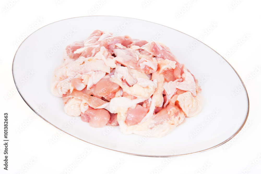Chicken, cut into pieces on a white background. Chicken, cut into pieces on a white background.